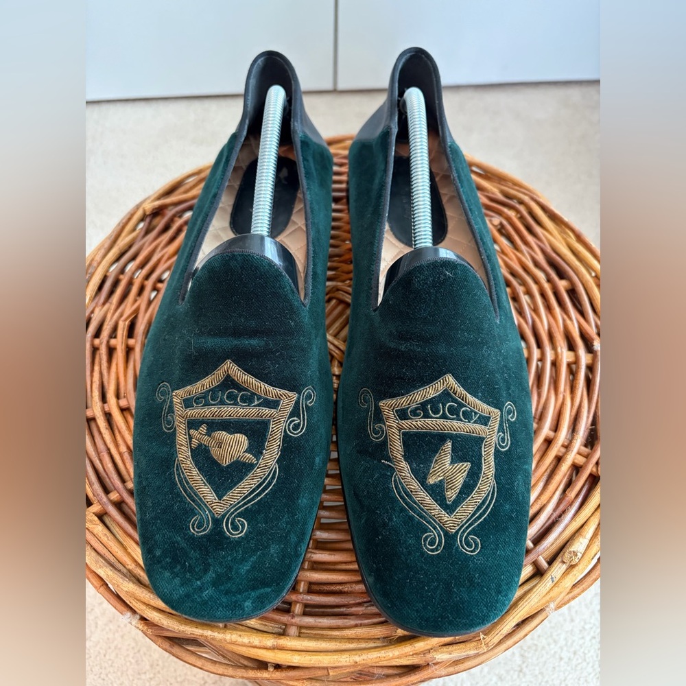 Gucci Green Wire Embroidered Velvet‎ Loafers Men's Size 11 Dark Green Authentic